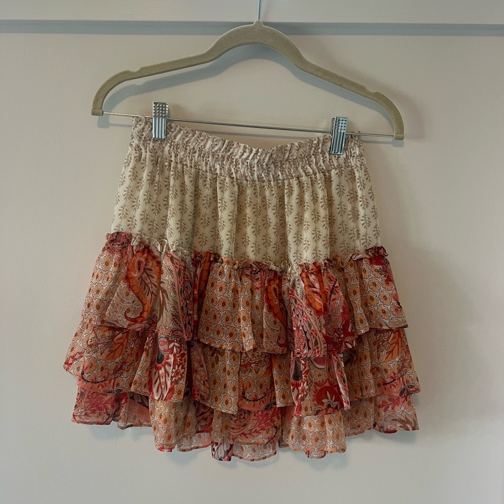 Misa Los Angeles Floral Ruffle Skirt in Cream and Red